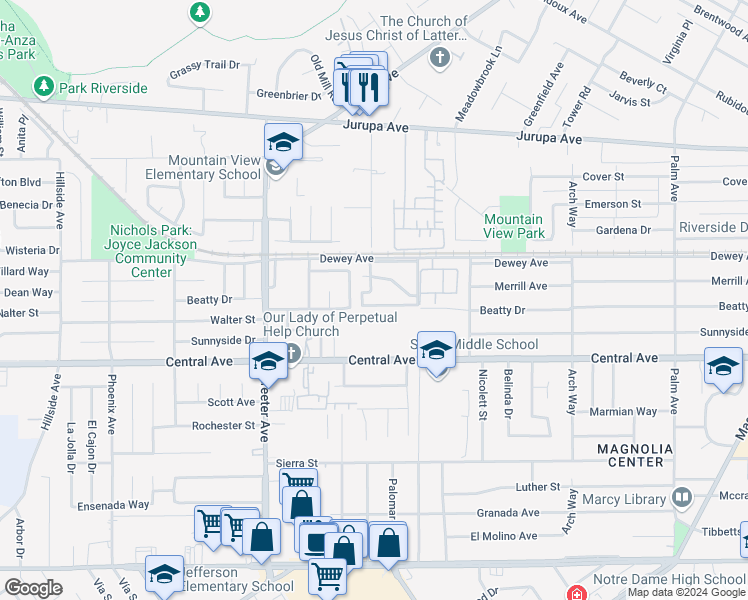 map of restaurants, bars, coffee shops, grocery stores, and more near 5091 Fashion Place in Riverside