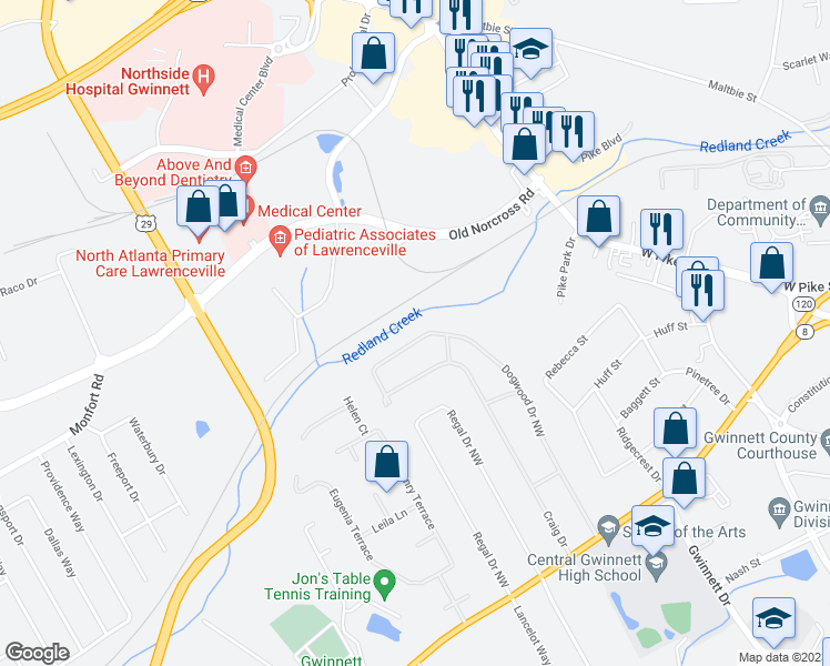 map of restaurants, bars, coffee shops, grocery stores, and more near 689 Dogwood Drive Northwest in Lawrenceville