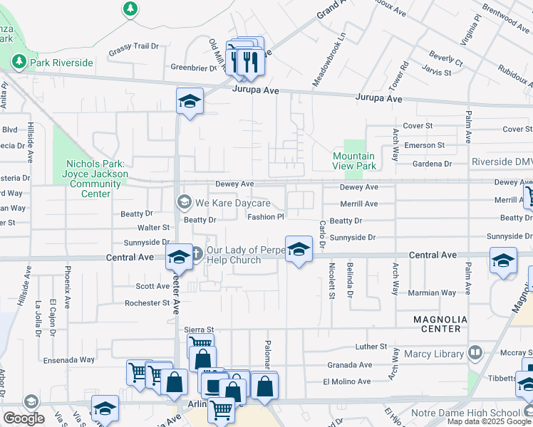 map of restaurants, bars, coffee shops, grocery stores, and more near 5061 Fashion Place in Riverside