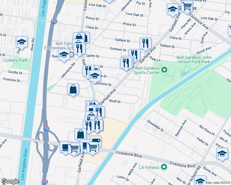 map of restaurants, bars, coffee shops, grocery stores, and more near 8306 Garfield Avenue in Bell Gardens