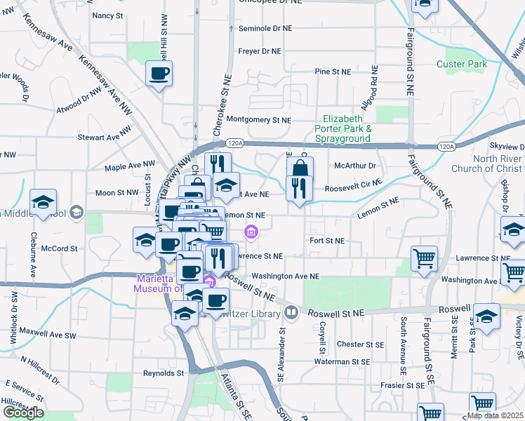 map of restaurants, bars, coffee shops, grocery stores, and more near 223 Lemon Street NE in Marietta