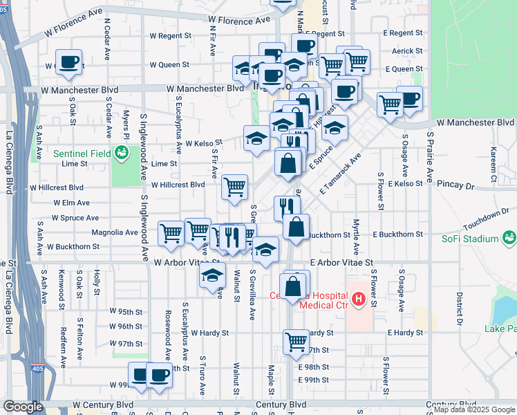 map of restaurants, bars, coffee shops, grocery stores, and more near 107 East Spruce Avenue in Inglewood