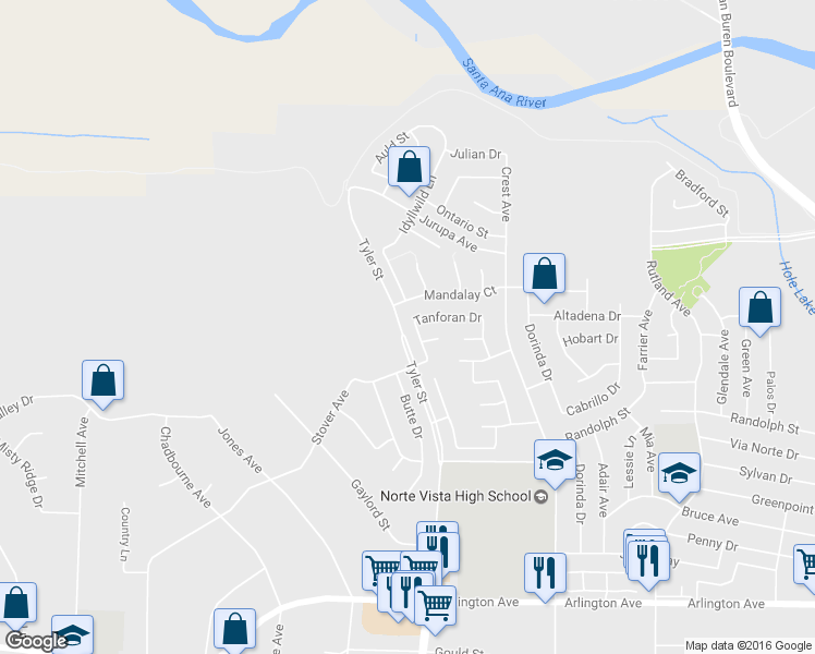 map of restaurants, bars, coffee shops, grocery stores, and more near 6991 Eureka Dr in Riverside