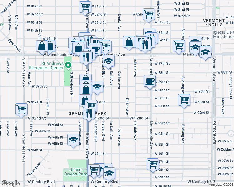 map of restaurants, bars, coffee shops, grocery stores, and more near 8927 South Denker Avenue in Los Angeles