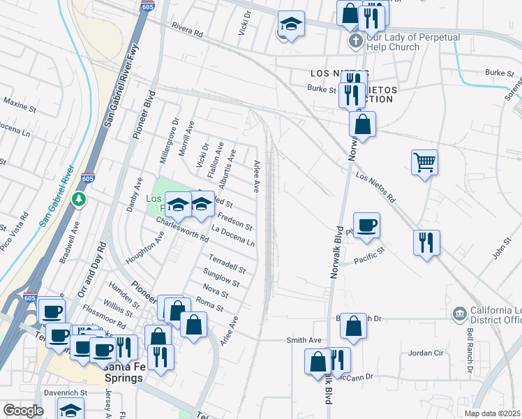 map of restaurants, bars, coffee shops, grocery stores, and more near 9314 Arlee Avenue in Santa Fe Springs