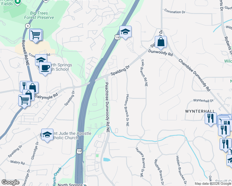 map of restaurants, bars, coffee shops, grocery stores, and more near 540 Wembley Circle in Atlanta