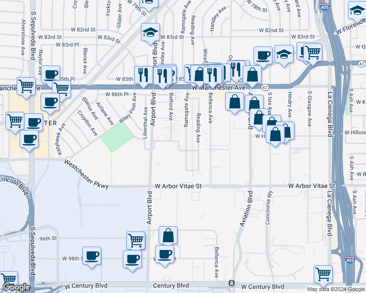 map of restaurants, bars, coffee shops, grocery stores, and more near 8931 Ramsgate Avenue in Los Angeles