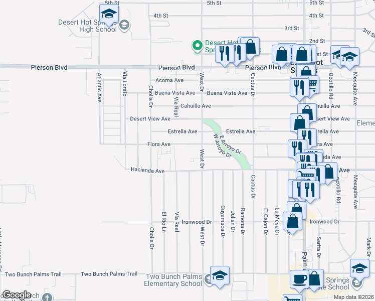 map of restaurants, bars, coffee shops, grocery stores, and more near 3 Flora Avenue in Desert Hot Springs