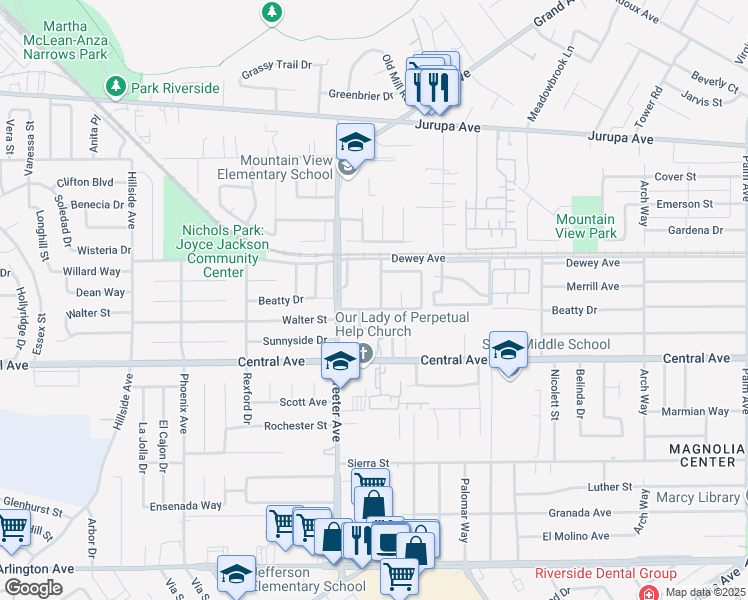 map of restaurants, bars, coffee shops, grocery stores, and more near 6485 Nidever Avenue in Riverside