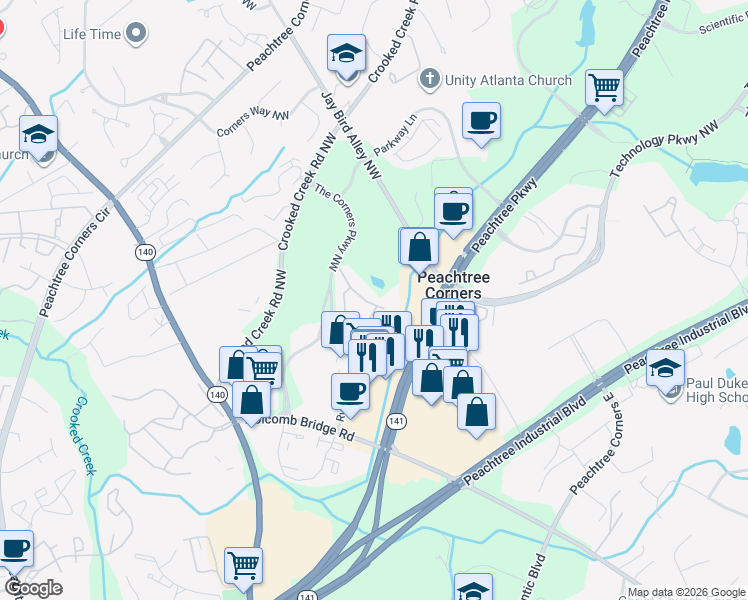 map of restaurants, bars, coffee shops, grocery stores, and more near 3433 Kiveton Drive in Norcross