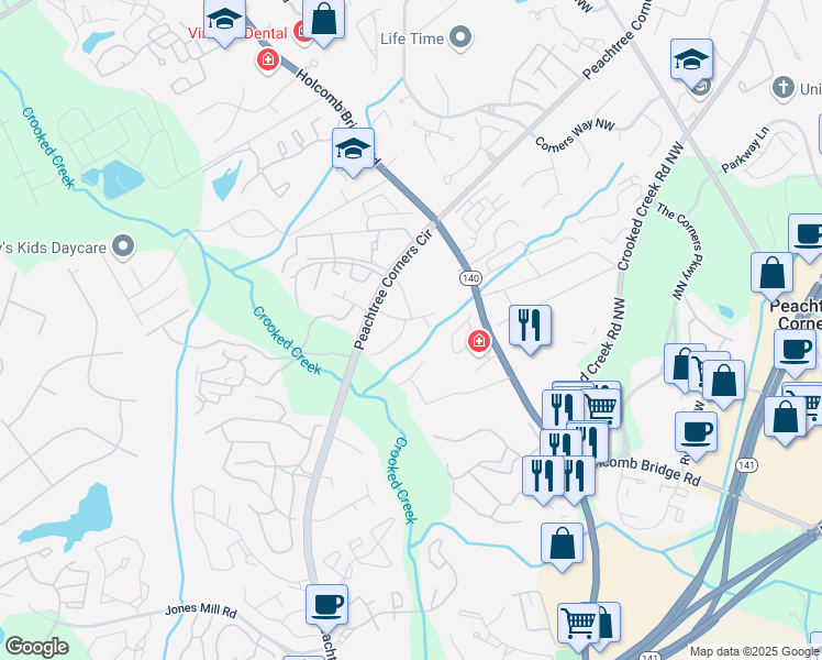 map of restaurants, bars, coffee shops, grocery stores, and more near 6350 Hawthorne Terrace in Peachtree Corners