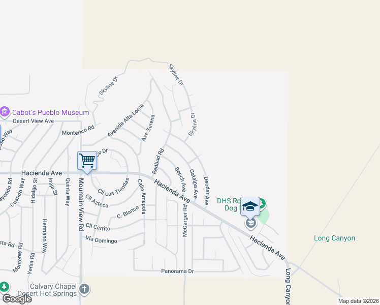 map of restaurants, bars, coffee shops, grocery stores, and more near 12785 Deodar Avenue in Desert Hot Springs