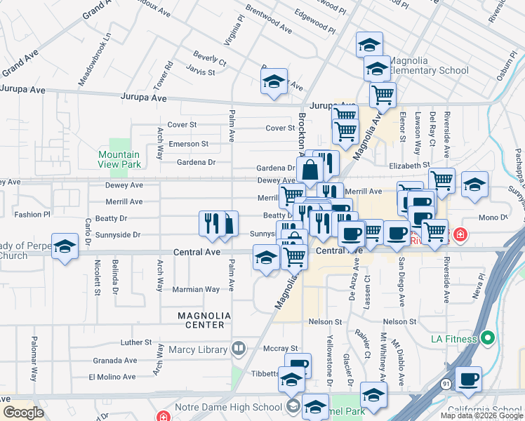 map of restaurants, bars, coffee shops, grocery stores, and more near 4317 Beatty Drive in Riverside