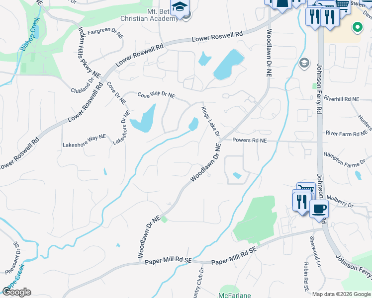 map of restaurants, bars, coffee shops, grocery stores, and more near 4400 Kings Way Southeast in Marietta