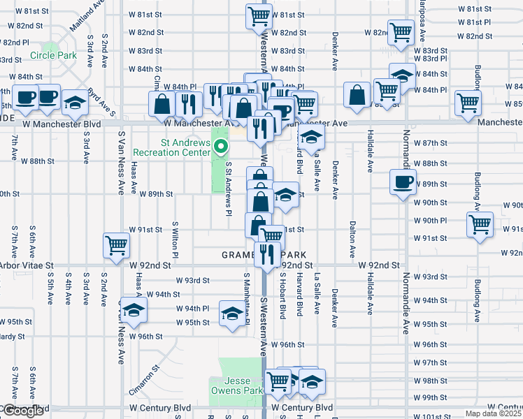 map of restaurants, bars, coffee shops, grocery stores, and more near 8927 South Western Avenue in Los Angeles