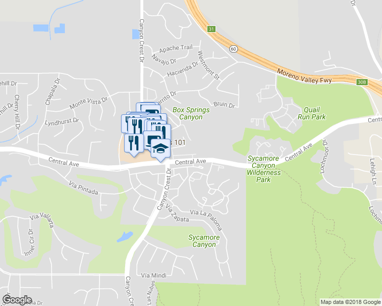 map of restaurants, bars, coffee shops, grocery stores, and more near 791 Daffodil Drive in Riverside