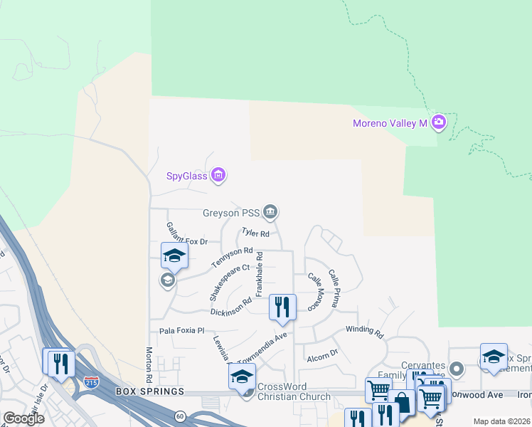 map of restaurants, bars, coffee shops, grocery stores, and more near 21438 Greyson Road in Moreno Valley
