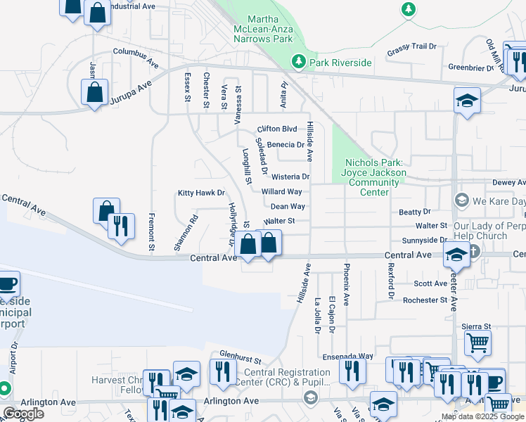 map of restaurants, bars, coffee shops, grocery stores, and more near 5818 Dean Way in Riverside