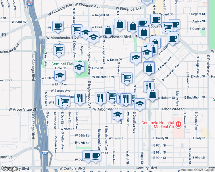 map of restaurants, bars, coffee shops, grocery stores, and more near 221 West Spruce Avenue in Inglewood