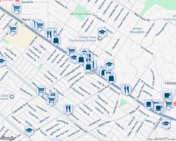 map of restaurants, bars, coffee shops, grocery stores, and more near 14244 Whittier Boulevard in Whittier