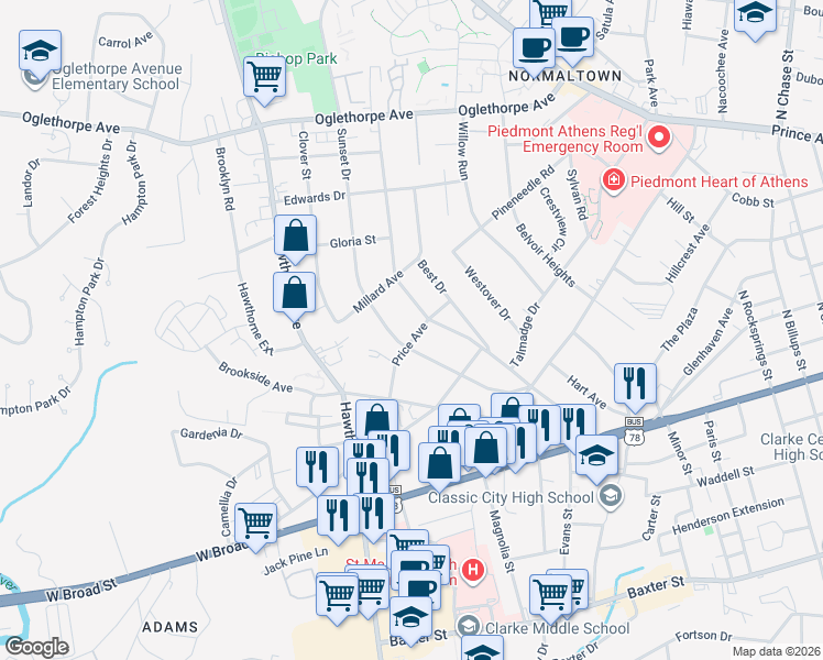map of restaurants, bars, coffee shops, grocery stores, and more near 250 Price Avenue in Athens