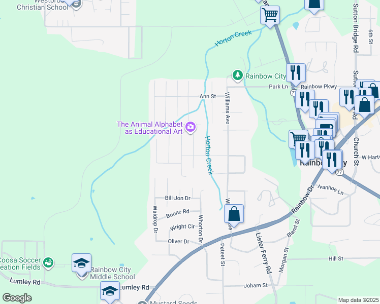 map of restaurants, bars, coffee shops, grocery stores, and more near 100 Country Church Road in Rainbow City