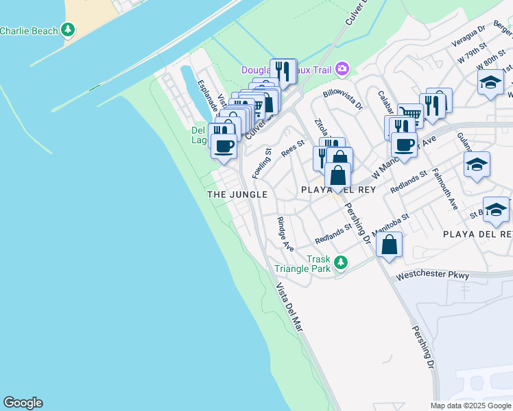 map of restaurants, bars, coffee shops, grocery stores, and more near 7035 Vista Del Mar Lane in Los Angeles
