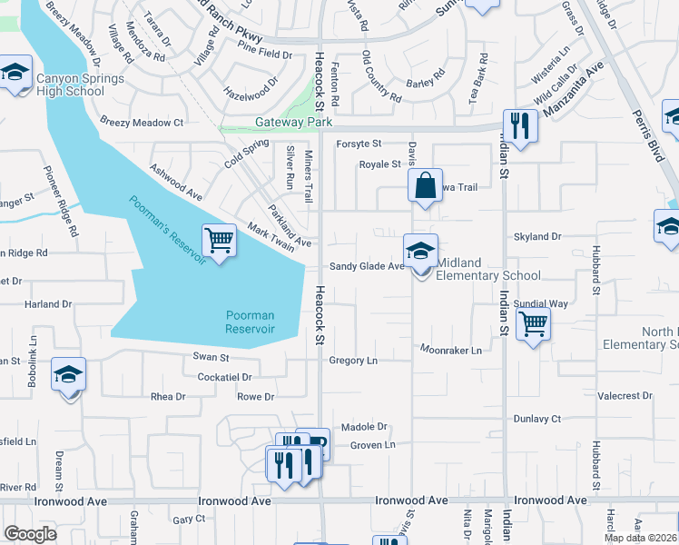 map of restaurants, bars, coffee shops, grocery stores, and more near 24051 Sandy Glade Avenue in Moreno Valley