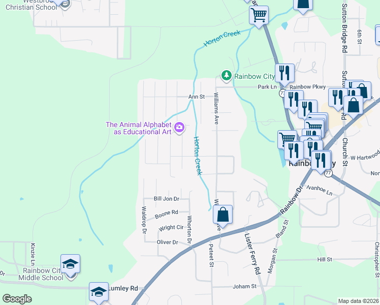 map of restaurants, bars, coffee shops, grocery stores, and more near 109 Covered Bridge Road in Rainbow City