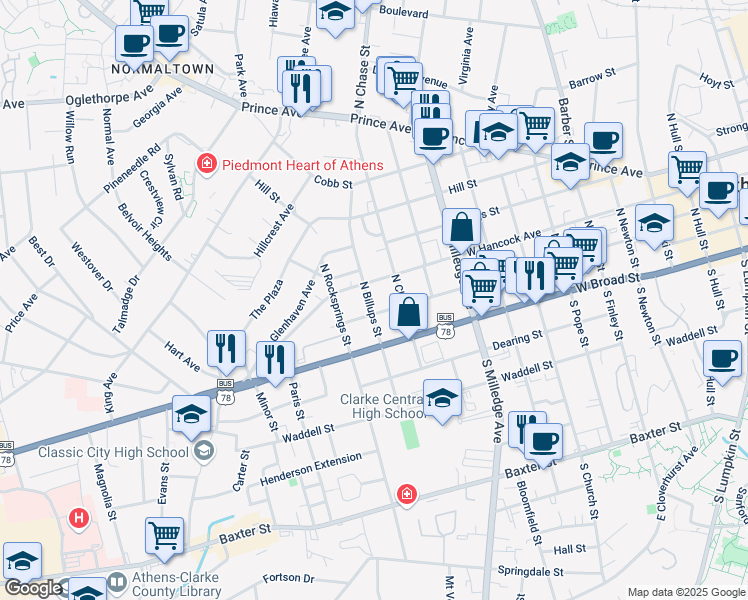 map of restaurants, bars, coffee shops, grocery stores, and more near 254 North Billups Street in Athens