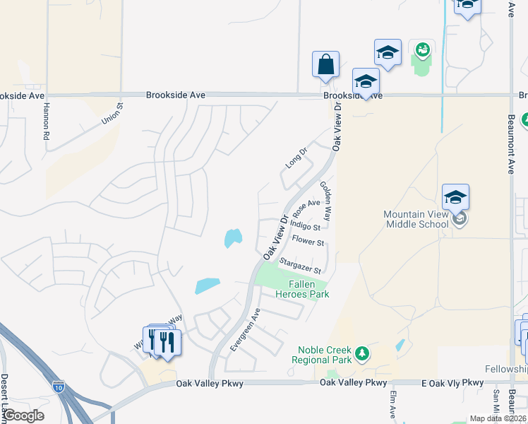 map of restaurants, bars, coffee shops, grocery stores, and more near 1690 Lakeside Avenue in Beaumont