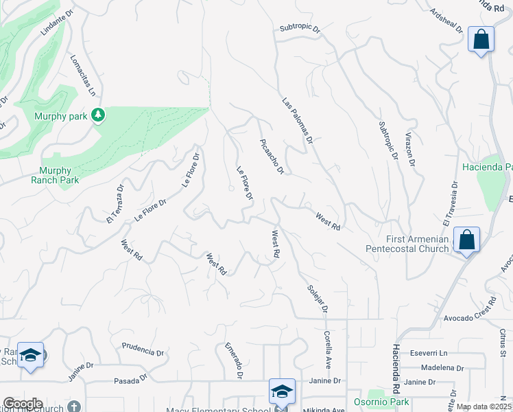 map of restaurants, bars, coffee shops, grocery stores, and more near 1950 Le Flore Drive in La Habra Heights
