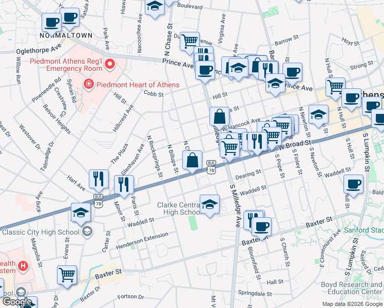 map of restaurants, bars, coffee shops, grocery stores, and more near 870 Reese Street in Athens