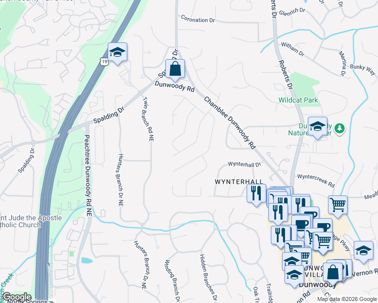 map of restaurants, bars, coffee shops, grocery stores, and more near 1207 Redfield Ridge in Dunwoody