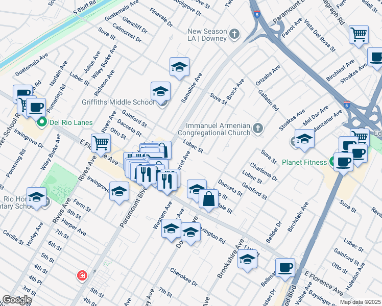 map of restaurants, bars, coffee shops, grocery stores, and more near 9814 Parrot Avenue in Downey
