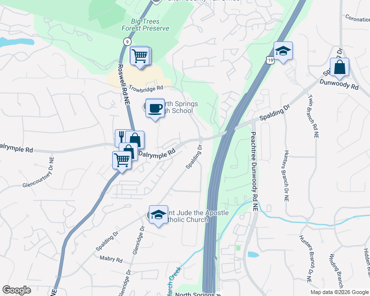 map of restaurants, bars, coffee shops, grocery stores, and more near 815 Dalrymple Road in Sandy Springs