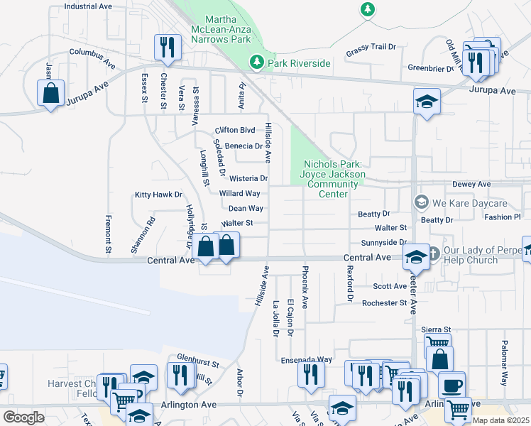 map of restaurants, bars, coffee shops, grocery stores, and more near 6469 Hillside Avenue in Riverside