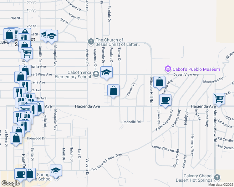map of restaurants, bars, coffee shops, grocery stores, and more near 12801 Tamar Drive in Desert Hot Springs