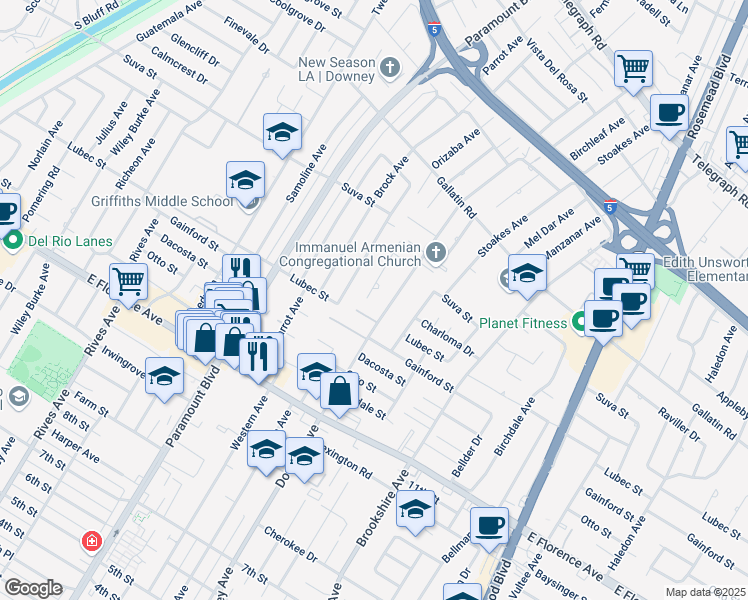 map of restaurants, bars, coffee shops, grocery stores, and more near 9650 La Reina Avenue in Downey
