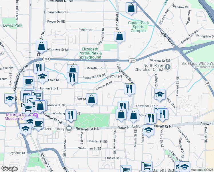 map of restaurants, bars, coffee shops, grocery stores, and more near 466 Lemon Street NE in Marietta