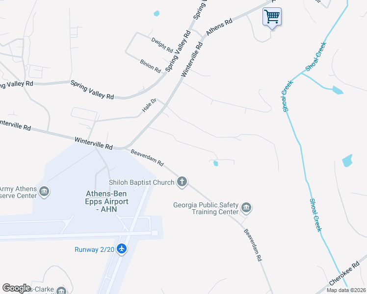 map of restaurants, bars, coffee shops, grocery stores, and more near 2348 Airport Drive in Athens