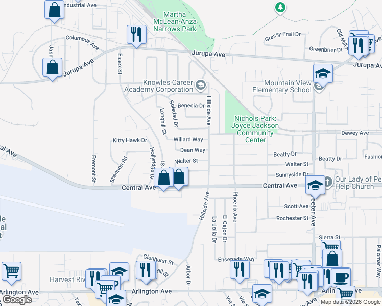 map of restaurants, bars, coffee shops, grocery stores, and more near 5770 Dean Way in Riverside