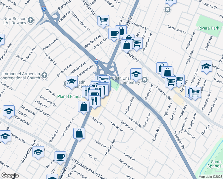 map of restaurants, bars, coffee shops, grocery stores, and more near 9143 Arrington Avenue in Downey