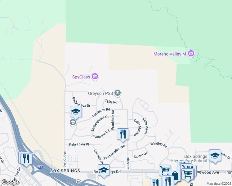 map of restaurants, bars, coffee shops, grocery stores, and more near 21438 Greyson Road in Moreno Valley