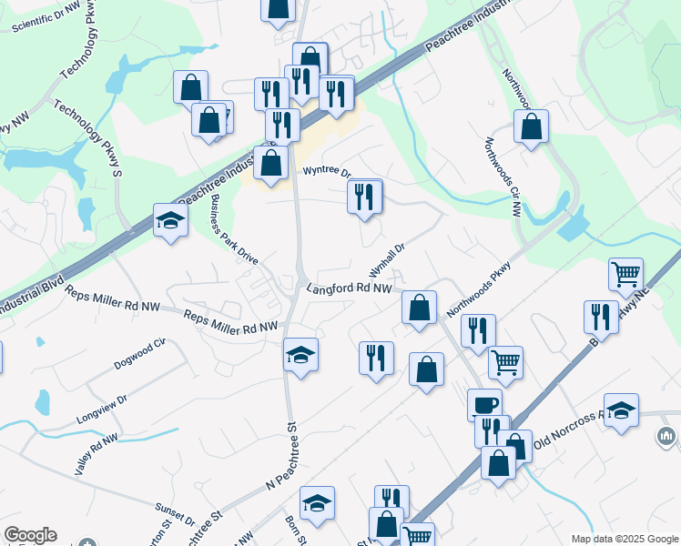 map of restaurants, bars, coffee shops, grocery stores, and more near 3144 Corner Oak Drive in Norcross