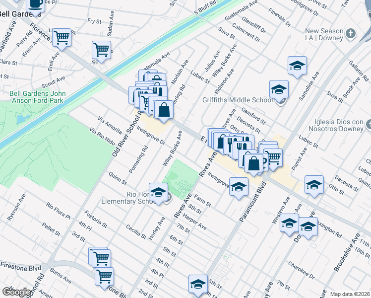 map of restaurants, bars, coffee shops, grocery stores, and more near 10237 Horley Avenue in Downey