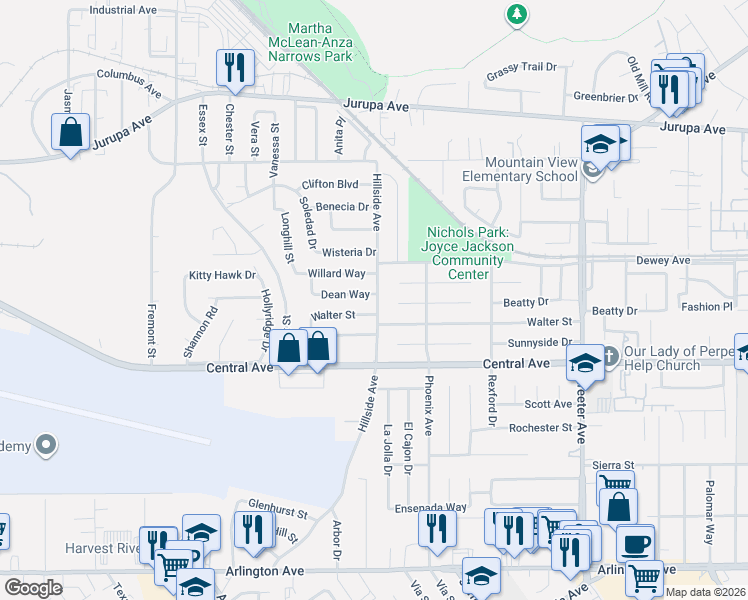 map of restaurants, bars, coffee shops, grocery stores, and more near 6469 Hillside Avenue in Riverside