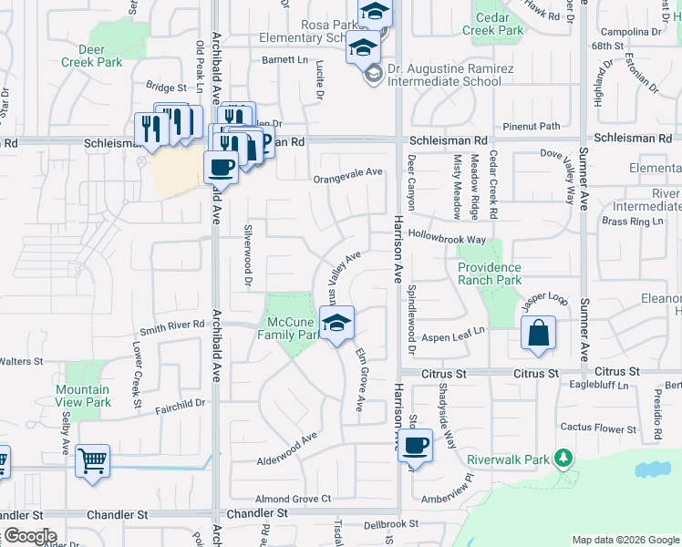 map of restaurants, bars, coffee shops, grocery stores, and more near 13904 Windrose Avenue in Corona
