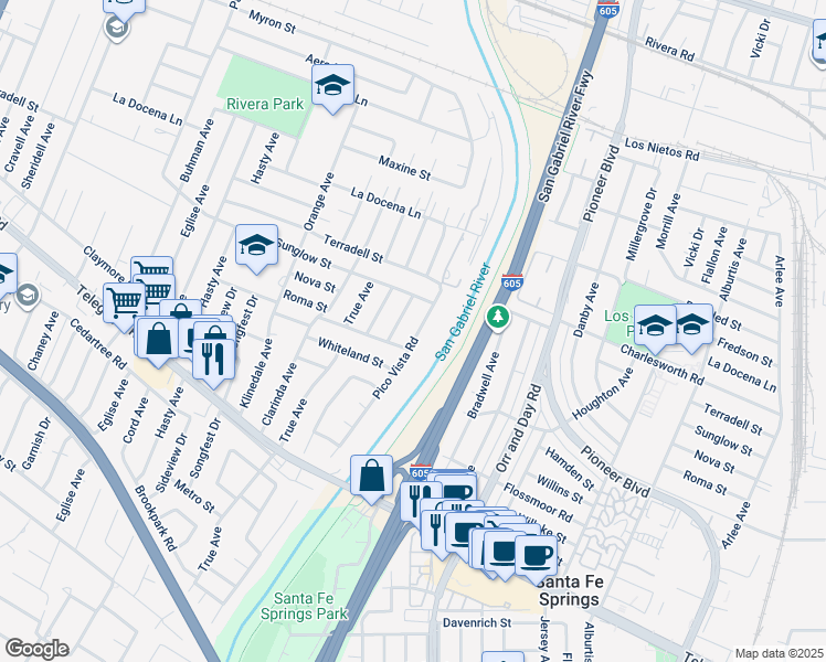 map of restaurants, bars, coffee shops, grocery stores, and more near 8546 Greenvale Avenue in Pico Rivera