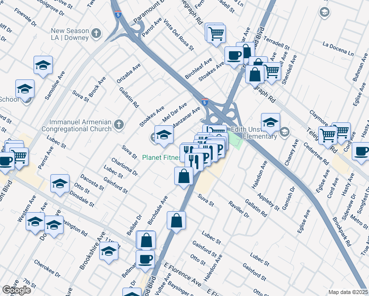 map of restaurants, bars, coffee shops, grocery stores, and more near 8601 Gallatin School House Road in Downey